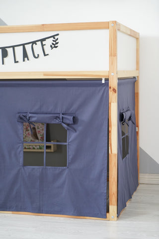 Curtains for IKEA KURA Bed - Denim Blue Cotton with Door and Window