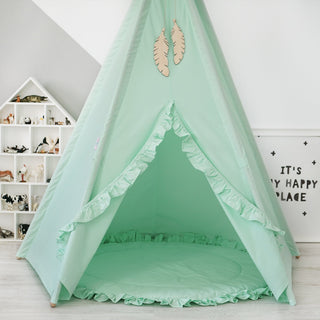 Mint Ruffle Girls Teepee Tent | Large 5-Pole Handmade Cotton Teepee
