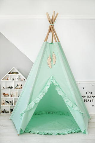 Mint Ruffle Girls Teepee Tent | Large 5-Pole Handmade Cotton Teepee