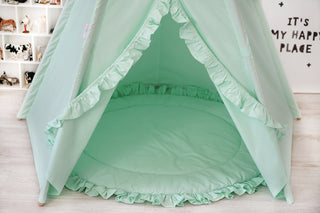 Mint Ruffle Girls Teepee Tent | Large 5-Pole Handmade Cotton Teepee