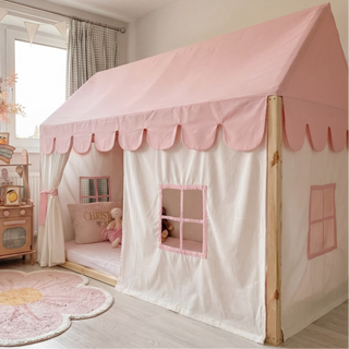House Bed Curtains - Pink Montessori House Bed with Scallop Roof Canopy