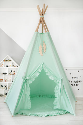 Mint Ruffle Girls Teepee Tent | Large 5-Pole Handmade Cotton Teepee