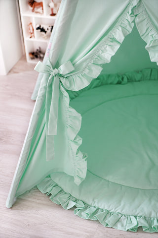 Mint Ruffle Girls Teepee Tent | Large 5-Pole Handmade Cotton Teepee