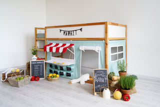 Kura Bed Curtains - Mint Market Stand Playhouse with Red Striped Awning and Counter