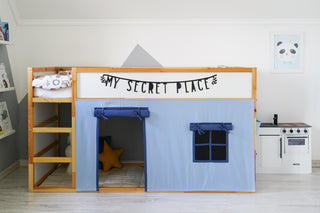 IKEA KURA Bunk Bed Curtains - Light Blue and Navy with 6 Storage Pockets