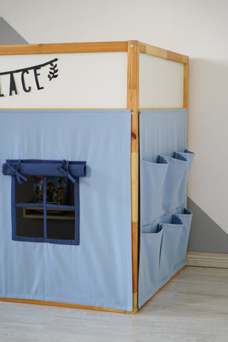 IKEA KURA Bunk Bed Curtains - Light Blue and Navy with 6 Storage Pockets