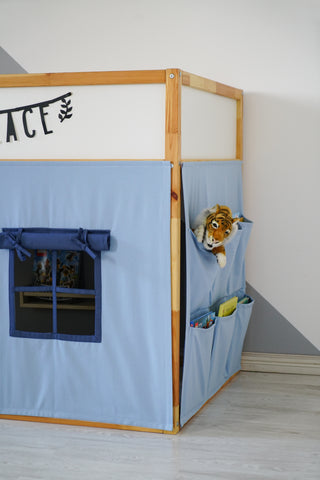 IKEA KURA Bunk Bed Curtains - Light Blue and Navy with 6 Storage Pockets
