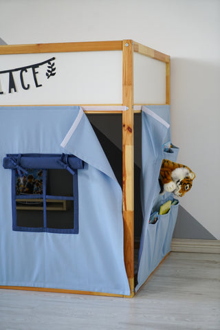 IKEA KURA Bunk Bed Curtains - Light Blue and Navy with 6 Storage Pockets