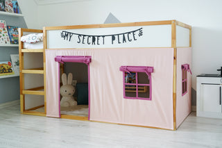 IKEA KURA Bunk Bed Curtains - Peach and Raspberry Teflon Playhouse with Door and Window