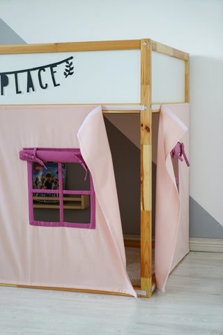 IKEA KURA Bunk Bed Curtains - Peach and Raspberry Teflon Playhouse with Door and Window