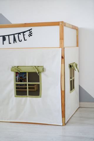 IKEA KURA Curtains - Ivory and Olive Green Teflon Playhouse with Door and Window