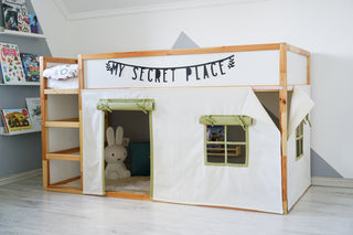 IKEA KURA Curtains - Ivory and Olive Green Teflon Playhouse with Door and Window