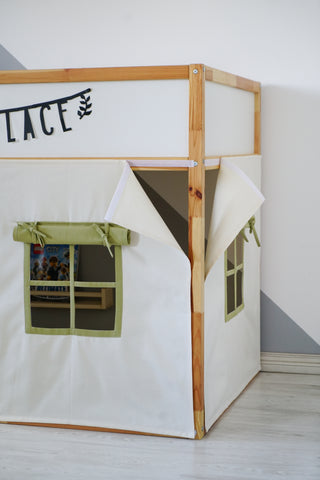 IKEA KURA Curtains - Ivory and Olive Green Teflon Playhouse with Door and Window