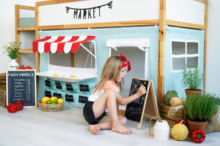 Kura Bed Curtains - Mint Market Stand Playhouse with Red Striped Awning and Counter