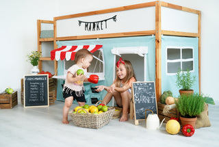 Kura Bed Curtains - Mint Market Stand Playhouse with Red Striped Awning and Counter