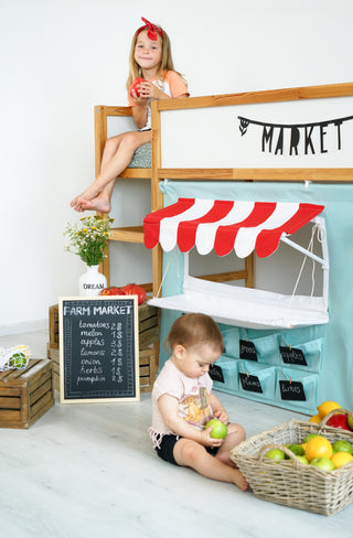 Kura Bed Curtains - Mint Market Stand Playhouse with Red Striped Awning and Counter