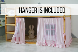 IKEA KURA Bunk Bed Curtains - Pink Cotton with Tulle Windows and Ruffle Hem