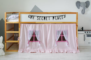IKEA KURA Bunk Bed Curtains - Pink Cotton with Tulle Windows and Ruffle Hem