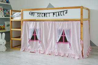 IKEA KURA Bunk Bed Curtains - Pink Cotton with Tulle Windows and Ruffle Hem