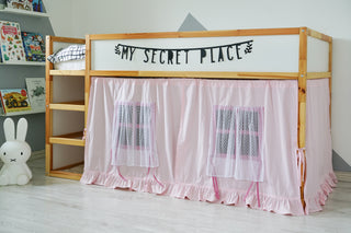 IKEA KURA Bunk Bed Curtains - Pink Cotton with Tulle Windows and Ruffle Hem