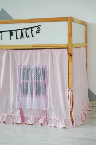 IKEA KURA Bunk Bed Curtains - Pink Cotton with Tulle Windows and Ruffle Hem