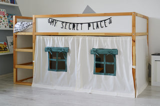 KURA Bunk Bed Curtains - Ivory and Eucalyptus Cotton with Windows, Ready to Hang
