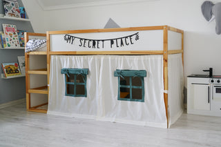 KURA Bunk Bed Curtains - Ivory and Eucalyptus Cotton with Windows, Ready to Hang