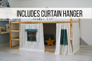 KURA Bunk Bed Curtains - Ivory and Eucalyptus Cotton with Windows, Ready to Hang