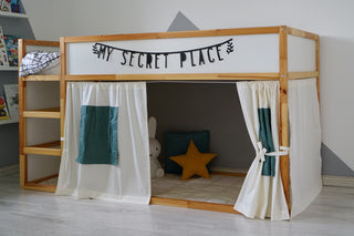 KURA Bunk Bed Curtains - Ivory and Eucalyptus Cotton with Windows, Ready to Hang