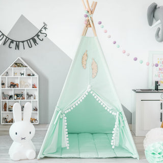 Mint Kids Teepee with Pom Poms | Handmade Cotton Play Tent for Girls