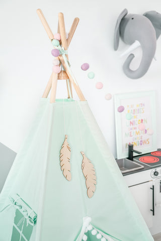 Mint Kids Teepee with Pom Poms | Handmade Cotton Play Tent for Girls