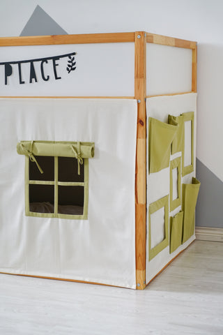 IKEA KURA Curtains - Ivory and Olive with Storage Pockets and Art Display Panel