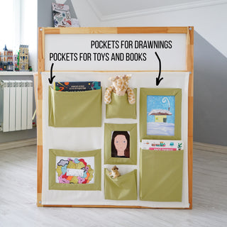 IKEA KURA Curtains - Ivory and Olive with Storage Pockets and Art Display Panel