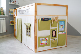 IKEA KURA Curtains - Ivory and Olive with Storage Pockets and Art Display Panel
