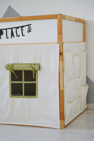 Curtains for IKEA KURA Bed - Olive Accents with Storage Pockets for Toys