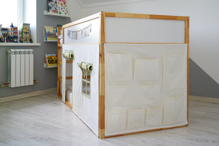 Curtains for IKEA KURA Bed - Olive Accents with Storage Pockets for Toys