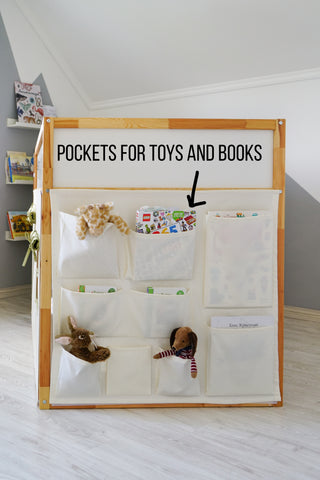 Curtains for IKEA KURA Bed - Olive Accents with Storage Pockets for Toys