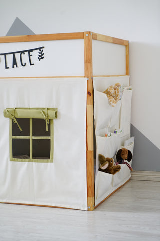 Curtains for IKEA KURA Bed - Olive Accents with Storage Pockets for Toys