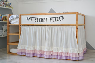 KURA Bunk Bed Curtains with Layered Ruffle Hem - Ivory, Pink and Lilac