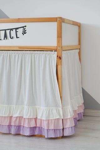 KURA Bunk Bed Curtains with Layered Ruffle Hem - Ivory, Pink and Lilac
