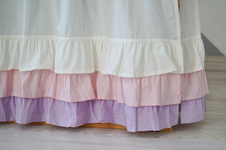 KURA Bunk Bed Curtains with Layered Ruffle Hem - Ivory, Pink and Lilac
