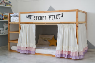 KURA Bunk Bed Curtains with Layered Ruffle Hem - Ivory, Pink and Lilac