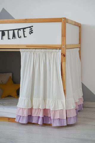 KURA Bunk Bed Curtains with Layered Ruffle Hem - Ivory, Pink and Lilac