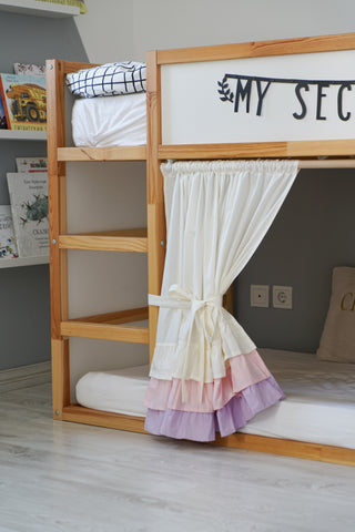 KURA Bunk Bed Curtains with Layered Ruffle Hem - Ivory, Pink and Lilac