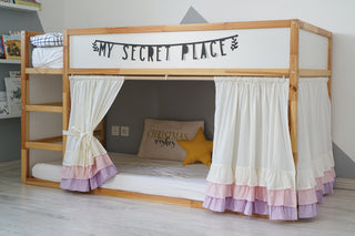 KURA Bunk Bed Curtains with Layered Ruffle Hem - Ivory, Pink and Lilac