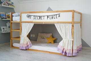 KURA Bunk Bed Curtains with Layered Ruffle Hem - Ivory, Pink and Lilac