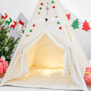 Cream Kids Teepee with Pom Poms | Handmade Natural Cotton Indoor Play Tent