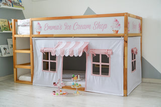 IKEA Kura Hack - Ice Cream Shop Curtains, Pink and White Playhouse with Striped Awning
