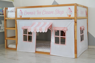IKEA Kura Hack - Ice Cream Shop Curtains, Pink and White Playhouse with Striped Awning