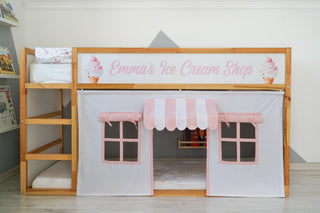 IKEA Kura Hack - Ice Cream Shop Curtains, Pink and White Playhouse with Striped Awning